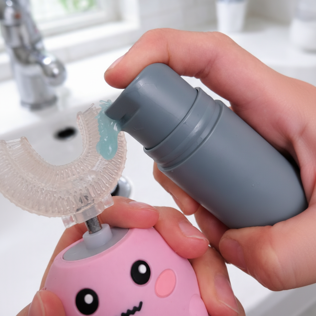 Person using a blue bottle of bubblegum ice cream kids toothpaste and squeezing light blue toothpaste onto a pink danny the dinosaur u shaped kids toothbrush