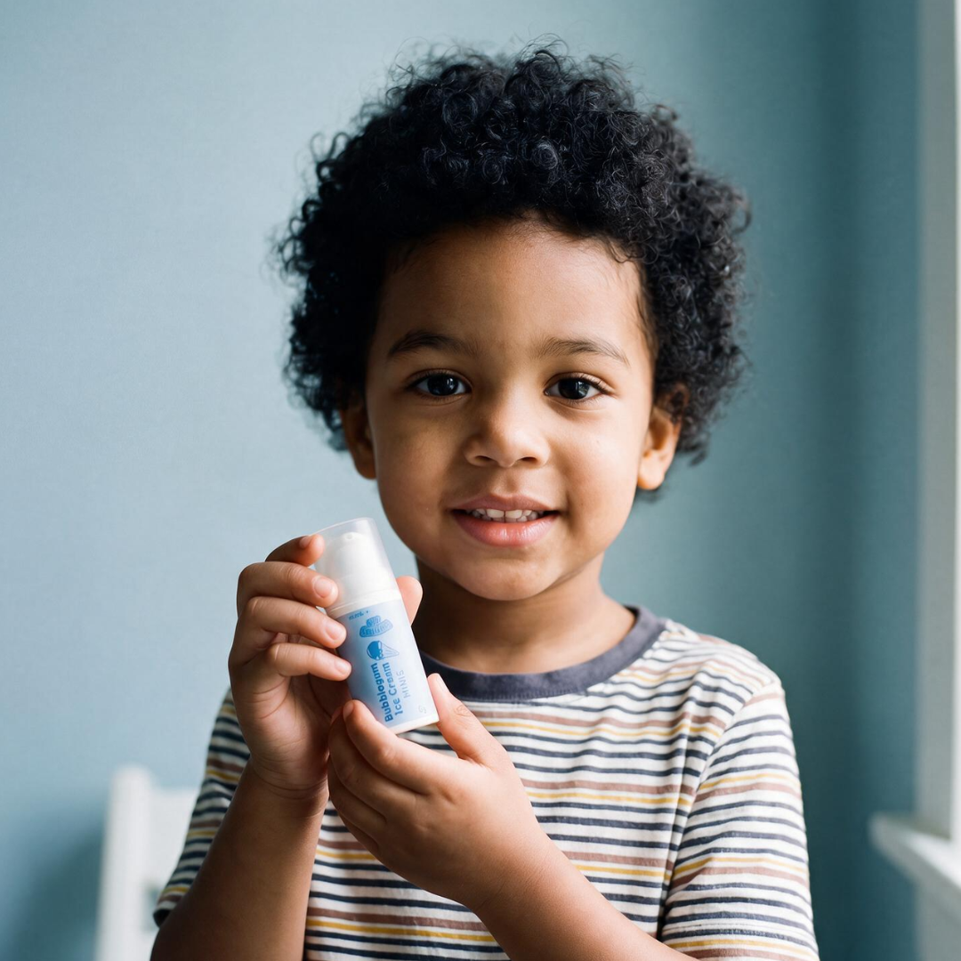 A young child with curly dark hair holds a small white bottle with bubblegum ice cream flavoured toothpaste in front of their face, wearing a striped shirt against a soft blue-grey wall.