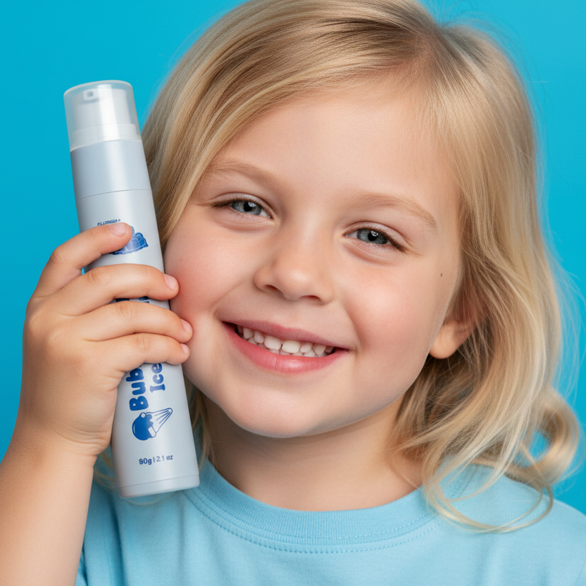 Bottle of bubble gum ice cream with a cartoon ice cream cone on a white background