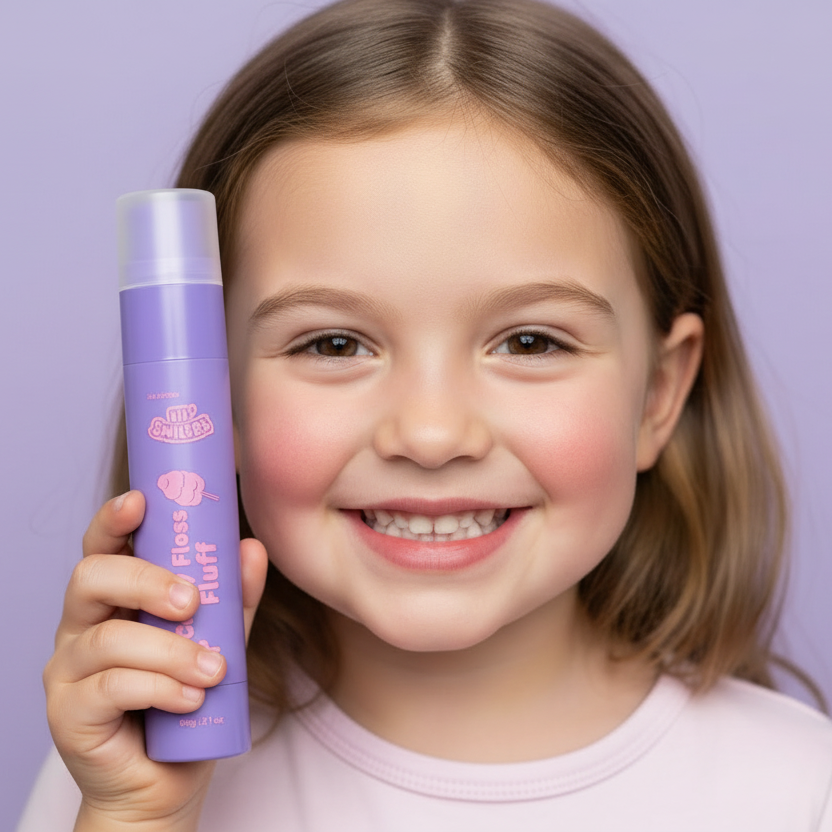 Purple bottle of toothpaste labelled 'Candy Floss Fluff' on a white background