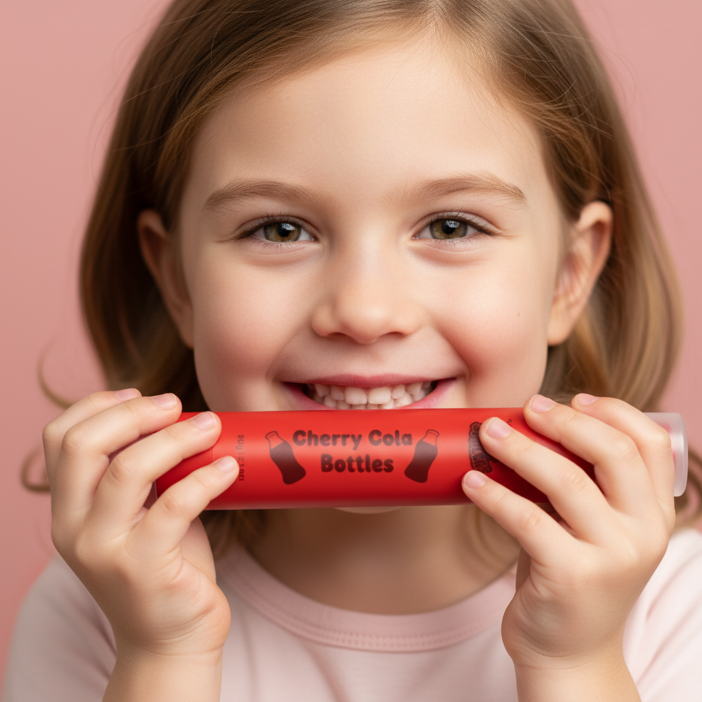 Child holding a red product with 'Cherry Cola Bottles' text against a pink background