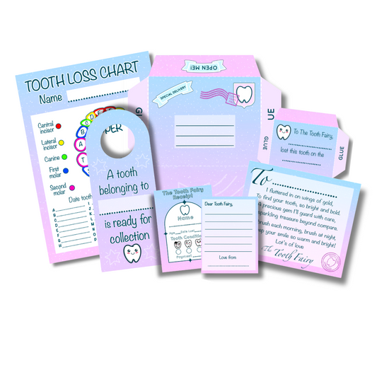 Collection of tooth tooth loss chart and related items on a white background. A digital tooth fairy kit for children.