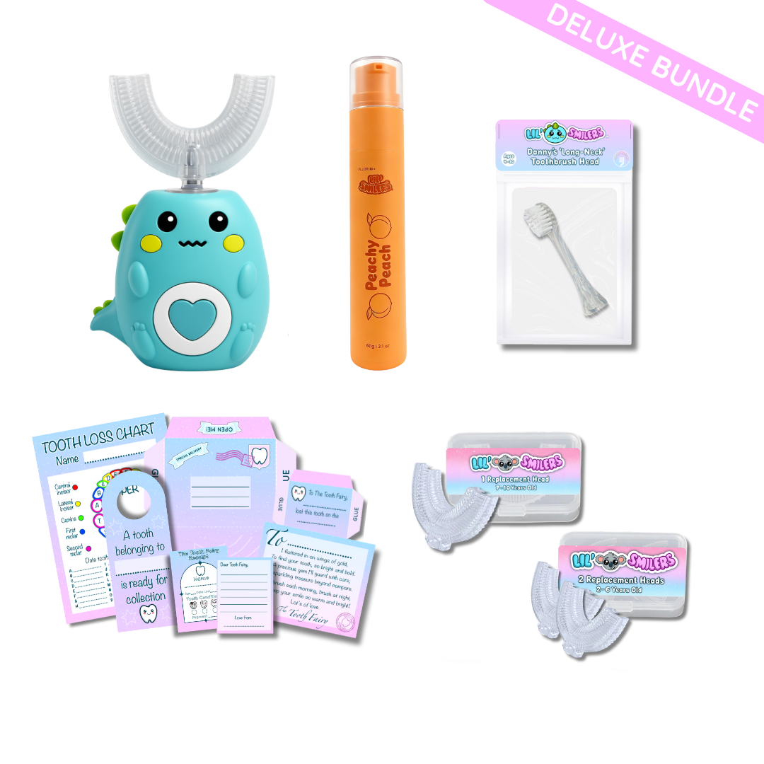Children's dental care product set with green dinosaur electric u shaped children's toothbrush, peachy peach toothpaste, and other items on a white background. 