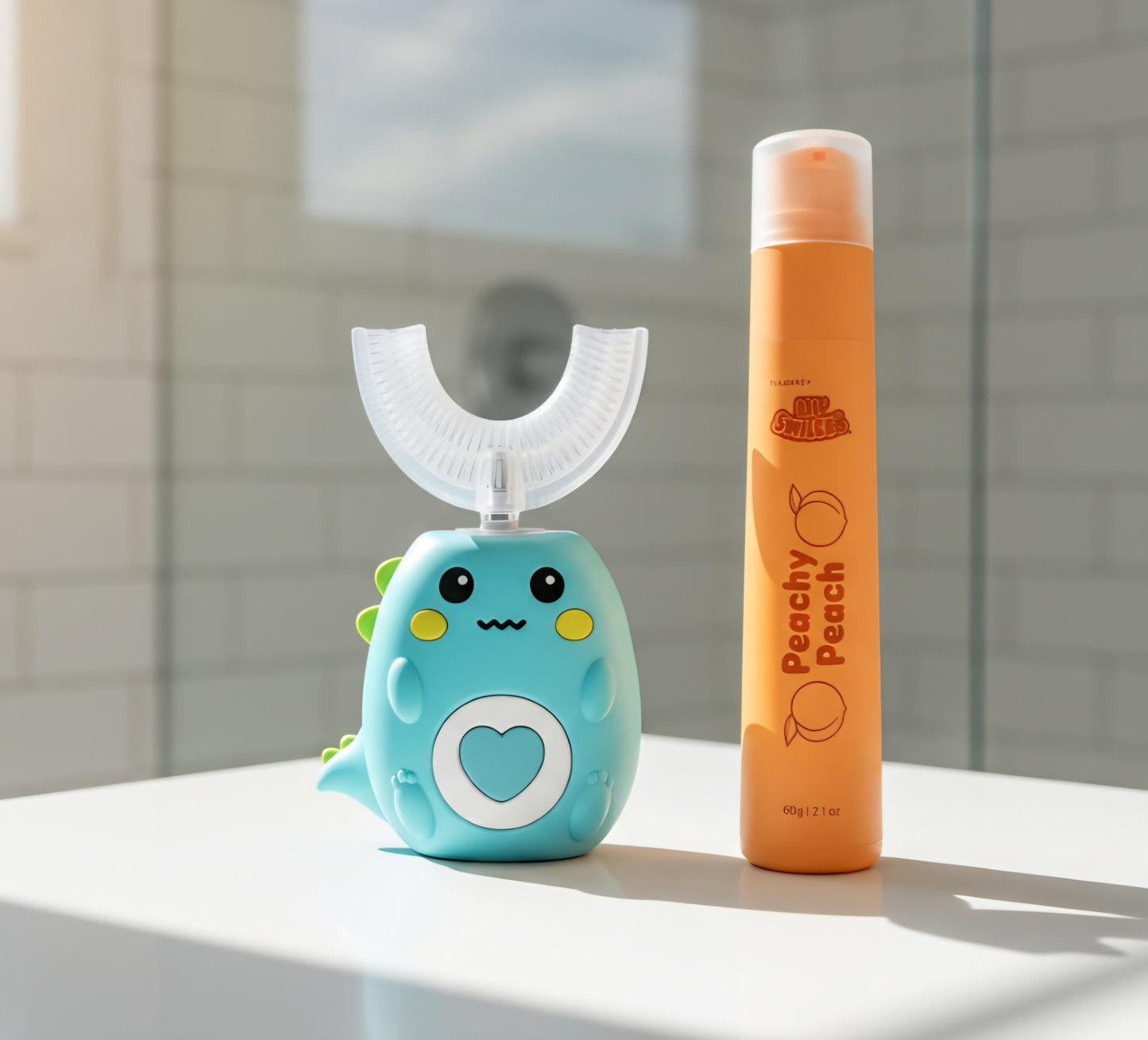 Green Danny the Dinosaur U Shaped Electric Toothbrush with Peachy Peach Toothpaste by Lil' Smilers