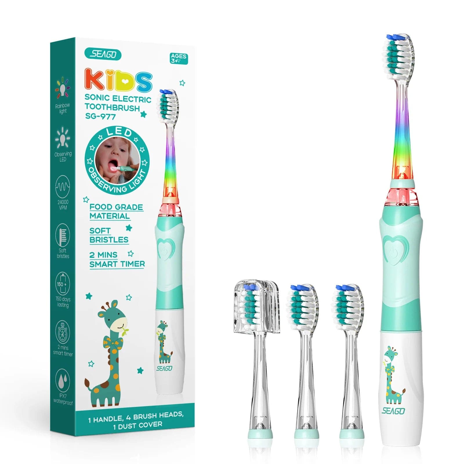 Lil' Smilers ELECTRIC TOOTHBRUSH Mint Green 'Gary the Giraffe' Electric Colour LED Kids Toothbrush